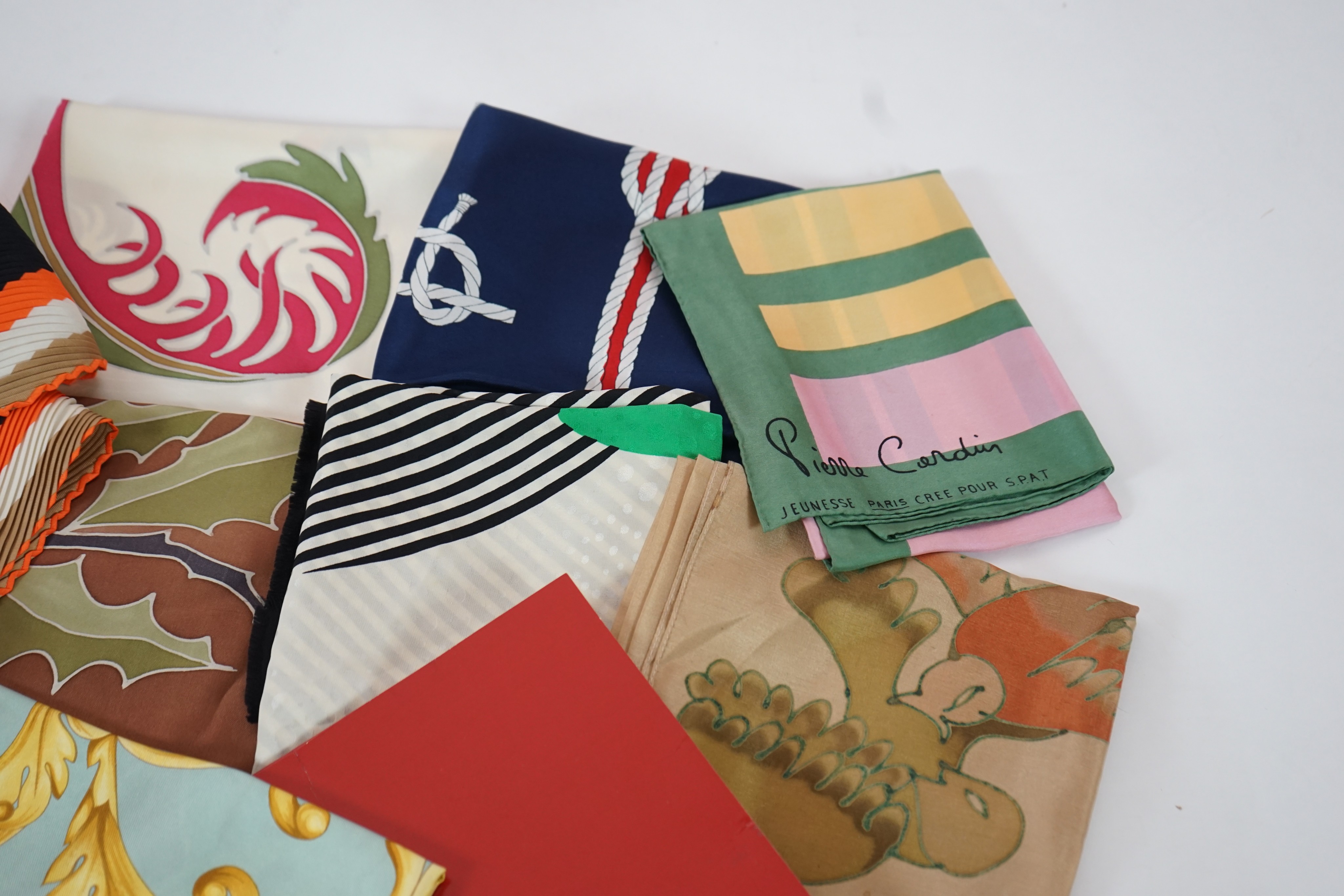 A group of eight silk scarves including Escada, Pierre Cardin, Lanvin, Salvatore Ferragamo and Kreier